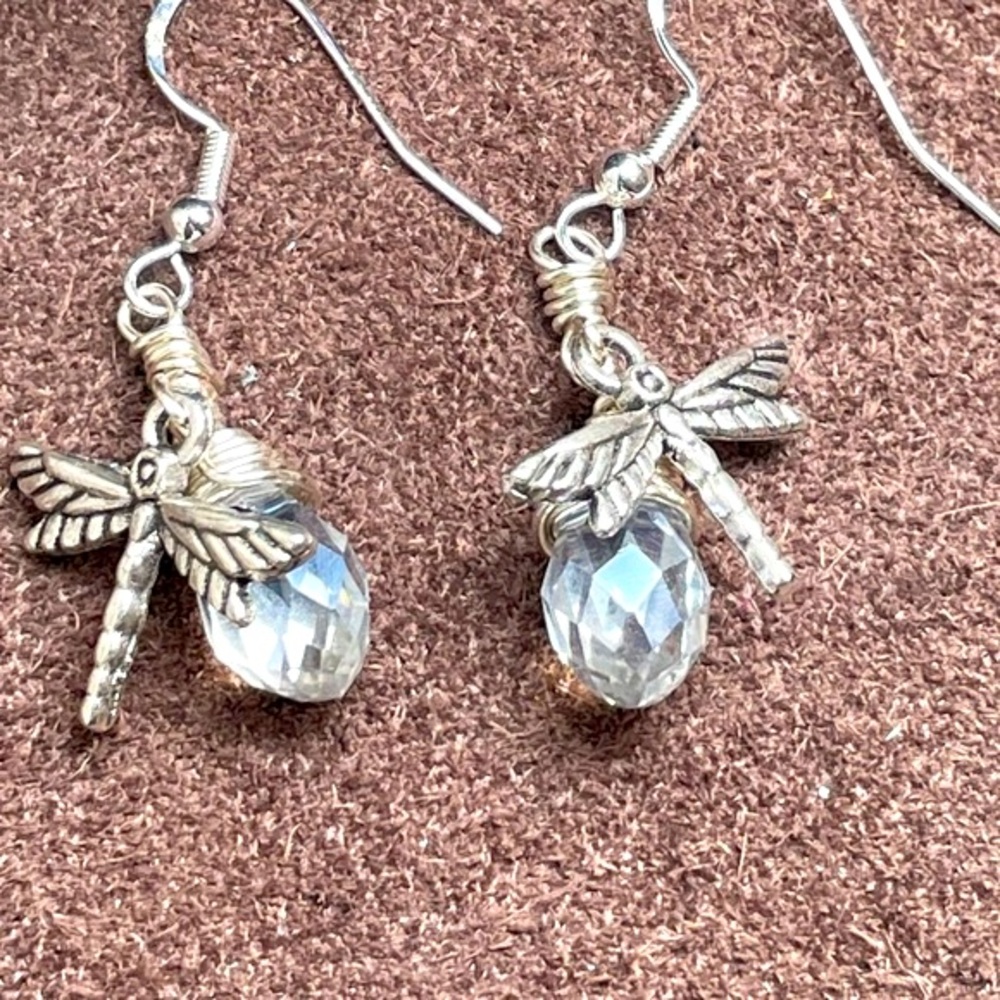 Handmade Silver Sparkling 
Crystal Dragonfly 
Earrings Boho Cottagecore - Picture 14 of 17